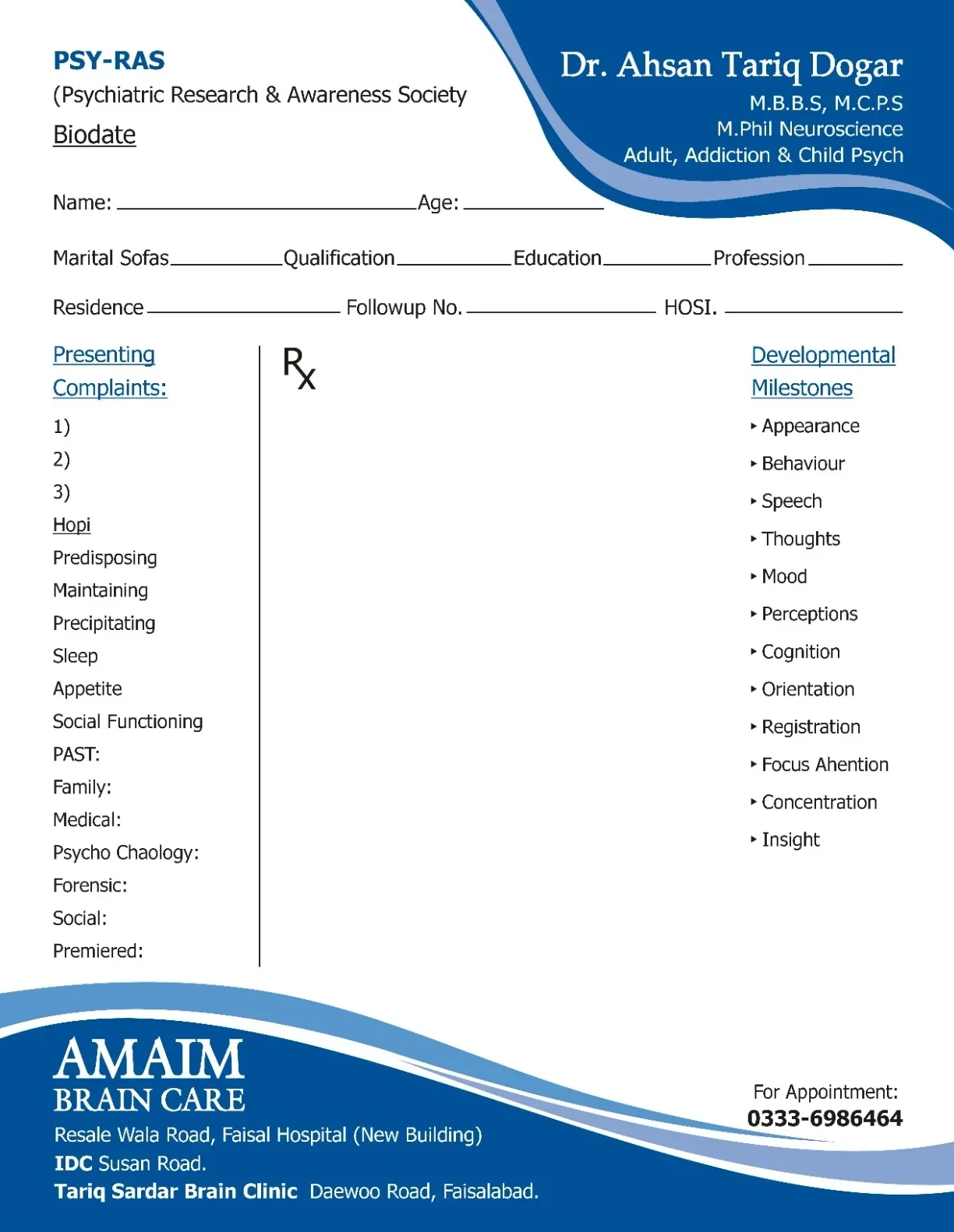Prescription and clinical evaluation form used at Amaim Brain Care for psychiatric assessment and treatment planning by Dr. Ahsan Tariq Dogar