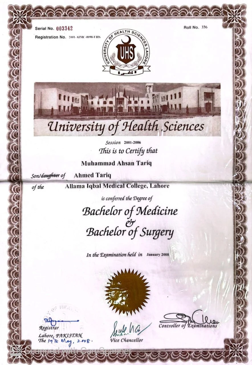 University of Health Sciences certificate awarded to Dr. Ahsan Tariq Dogar