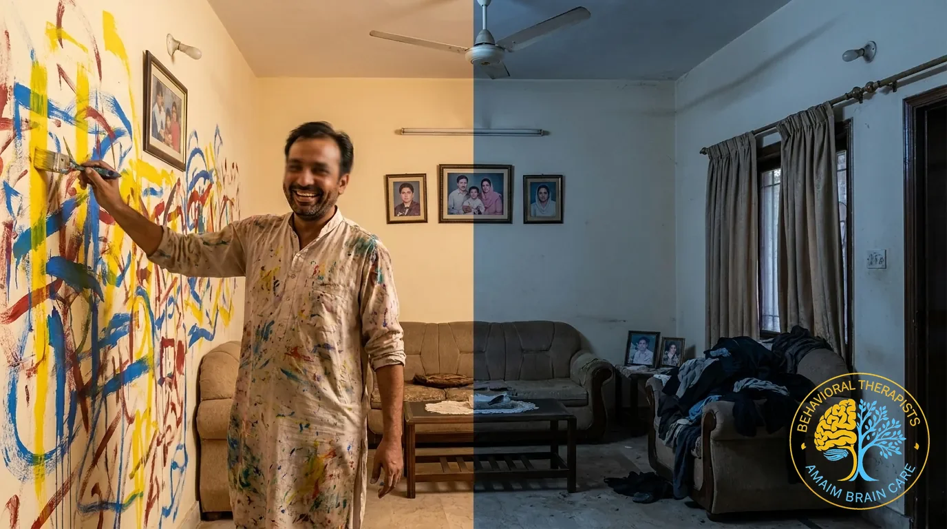 Bipolar Disorder Mania Man Painting Neglecting Daily Chores - Amaim Brain Care Faisalabad Pakistan Bipolar Disorder Mania Man Painting Neglecting Daily Chores - Amaim Brain Care, Faisalabad, Pakistan