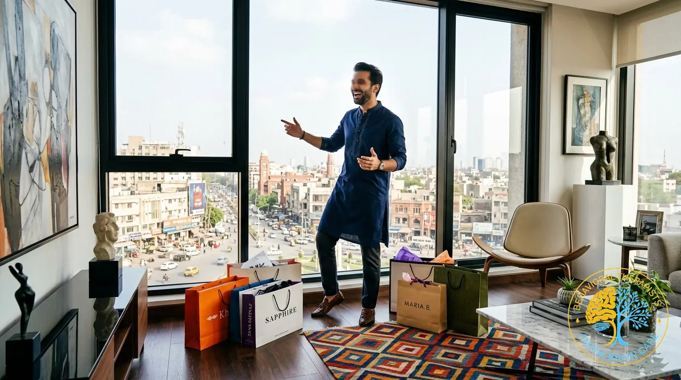 Bipolar Hypomania Impulsive Spending Man With Shopping Bags - Amaim Brain Care, Faisalabad, Pakistan