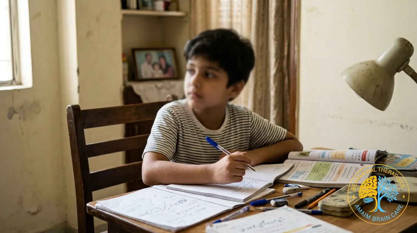 Child Adhd Learning Difficulty Boy At Desk Concentration Struggle - Amaim Brain Care, Faisalabad, Pakistan