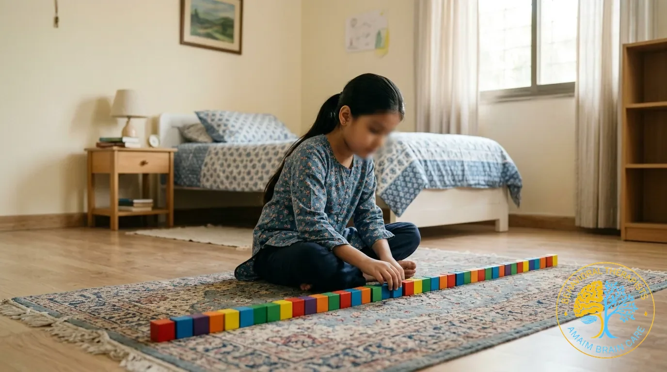 Child Developmental Disorders Girl Arranging Blocks Repetitive Play - Amaim Brain Care, Faisalabad, Pakistan