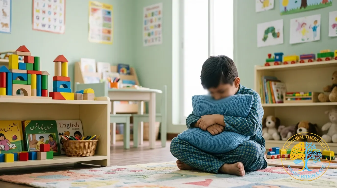 Child Mental Health Boy Clutching Pillow Emotional Distress - Amaim Brain Care, Faisalabad, Pakistan