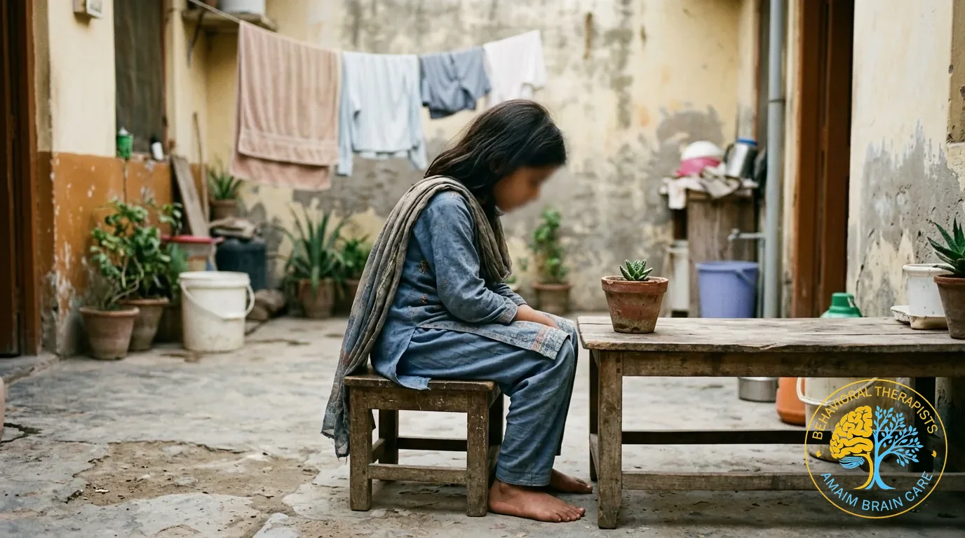 Child Mindfulness Therapy Girl Observing Plant Calming Technique - Amaim Brain Care, Faisalabad, Pakistan
