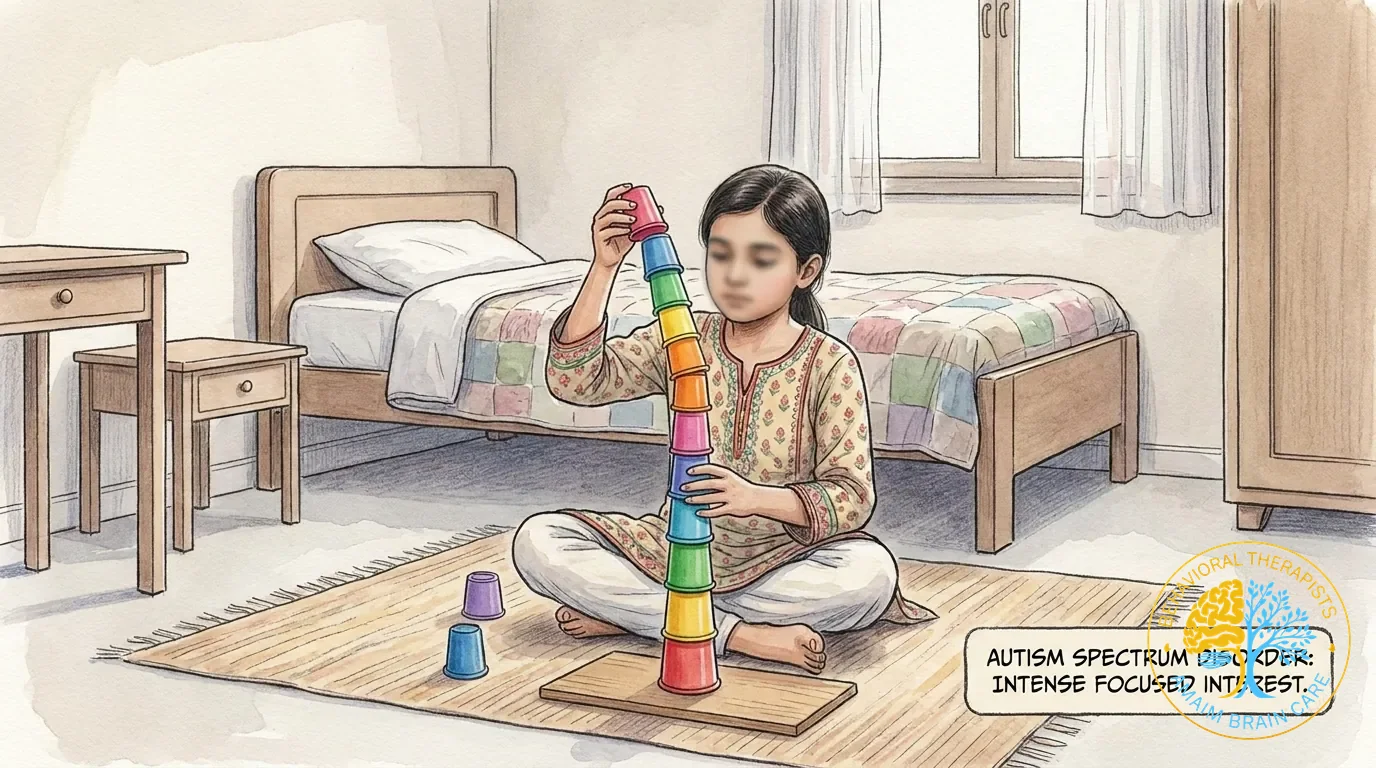 Child Occupational Therapy Girl Stacking Cups Motor Focus - Amaim Brain Care, Faisalabad, Pakistan