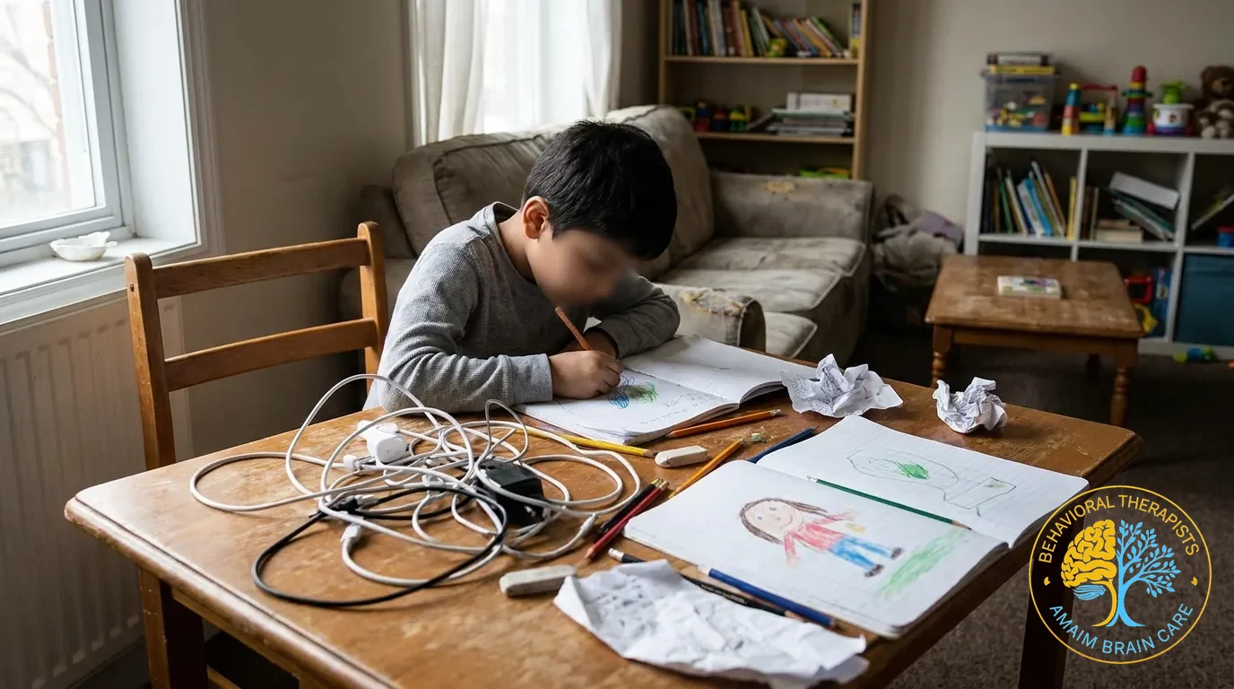Child Psychiatry Evaluation Boy At Table Behavioral Assessment - Amaim Brain Care, Faisalabad, Pakistan