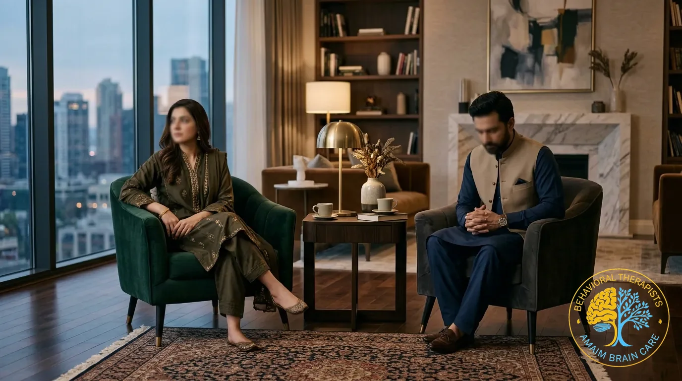 Couples Marriage Counseling Couple Sitting Apart Emotional Distance - Amaim Brain Care Faisalabad Pakistan Couples Marriage Counseling Couple Sitting Apart Emotional Distance - Amaim Brain Care, Faisalabad, Pakistan