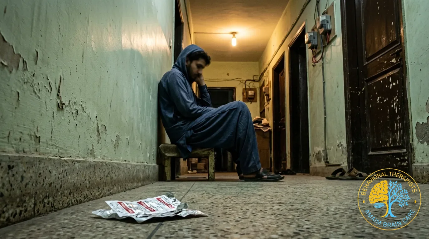 Depersonalization Dissociation Man In Dim Hallway Feeling Detached - Amaim Brain Care, Faisalabad, Pakistan