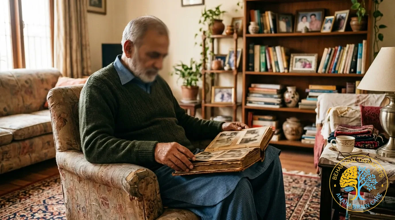 Geriatric Psychiatry Dementia Elderly Man Viewing Photo Album - Amaim Brain Care, Faisalabad, Pakistan