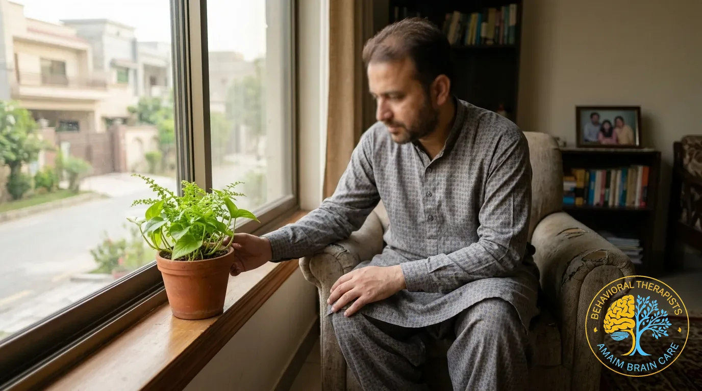 Nature Mindfulness Relaxation Man Observing Indoor Greenery - Amaim Brain Care, Faisalabad, Pakistan