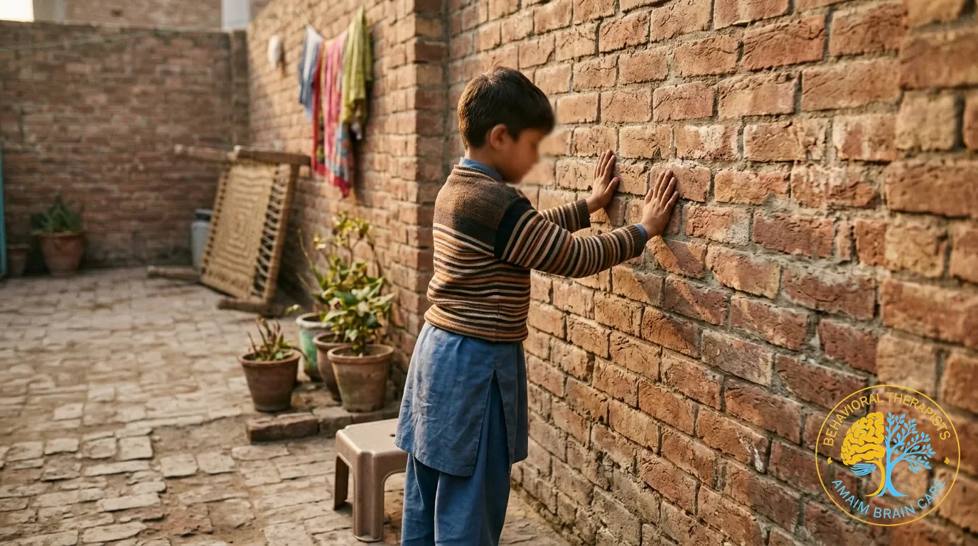 Pediatric Autism Spectrum Care Child Touching Textured Wall - Amaim Brain Care, Faisalabad, Pakistan
