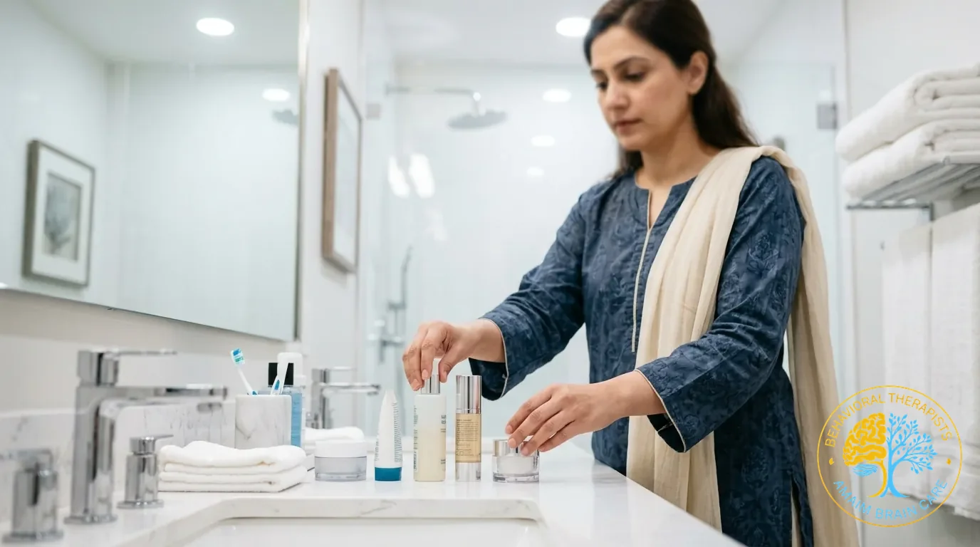 Perfectionism Compulsive Routine Woman Organizing Bathroom Vanity - Amaim Brain Care, Faisalabad, Pakistan