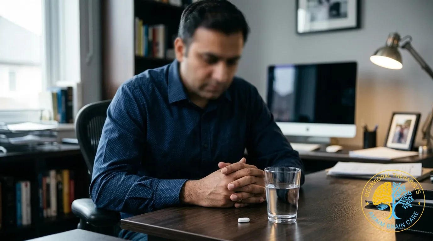 Psychiatric Medication Hesitancy Man Staring At Pill Stigma - Amaim Brain Care, Faisalabad, Pakistan