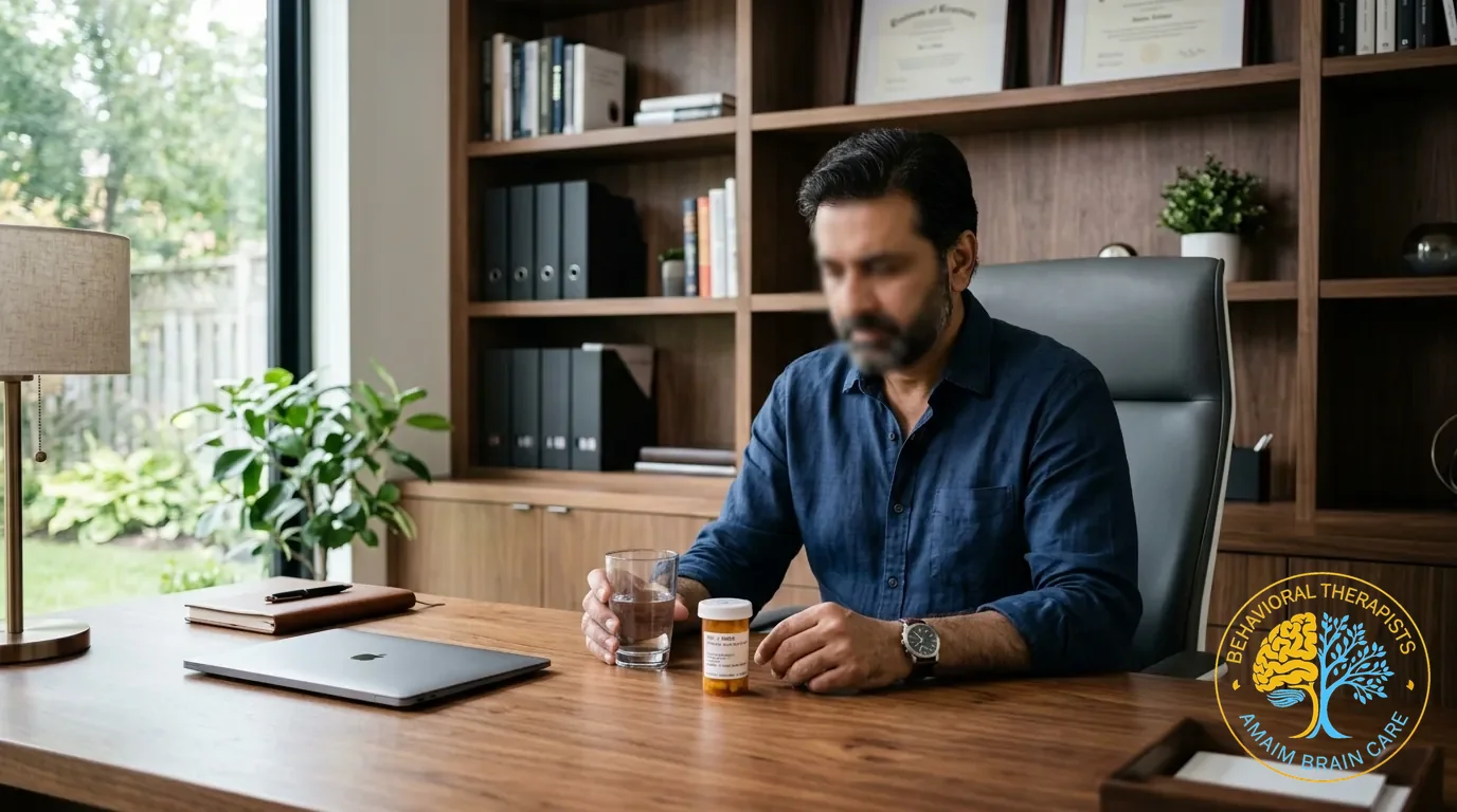Psychiatric Medication Treatment Man Holding Prescription Bottle - Amaim Brain Care, Faisalabad, Pakistan