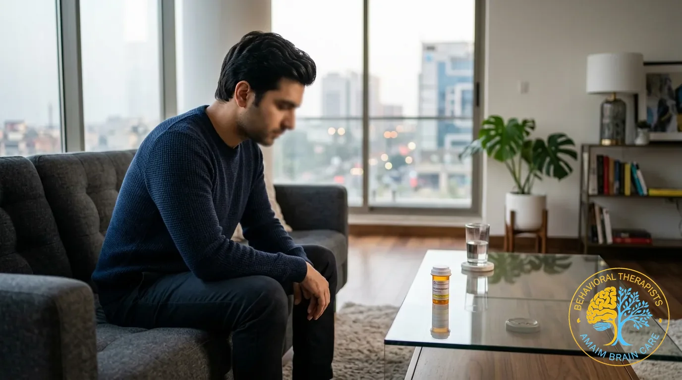 Psychiatric Treatment Compliance Man Verifying Medication Dosage - Amaim Brain Care, Faisalabad, Pakistan