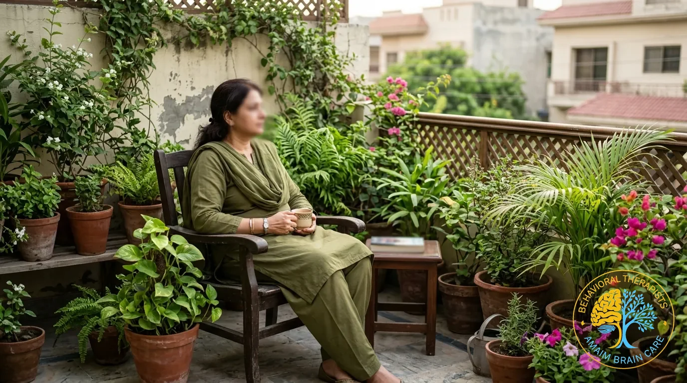 Women Mental Health Mindfulness Stress Relief In Peaceful Garden - Amaim Brain Care, Faisalabad, Pakistan
