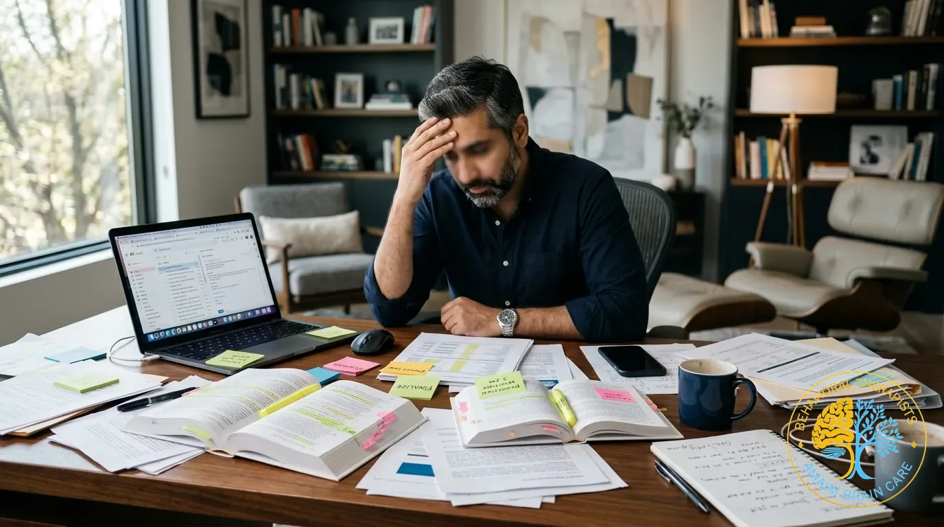Workplace Stress Burnout Man At Desk With Papers Overwhelmed - Amaim Brain Care, Faisalabad, Pakistan